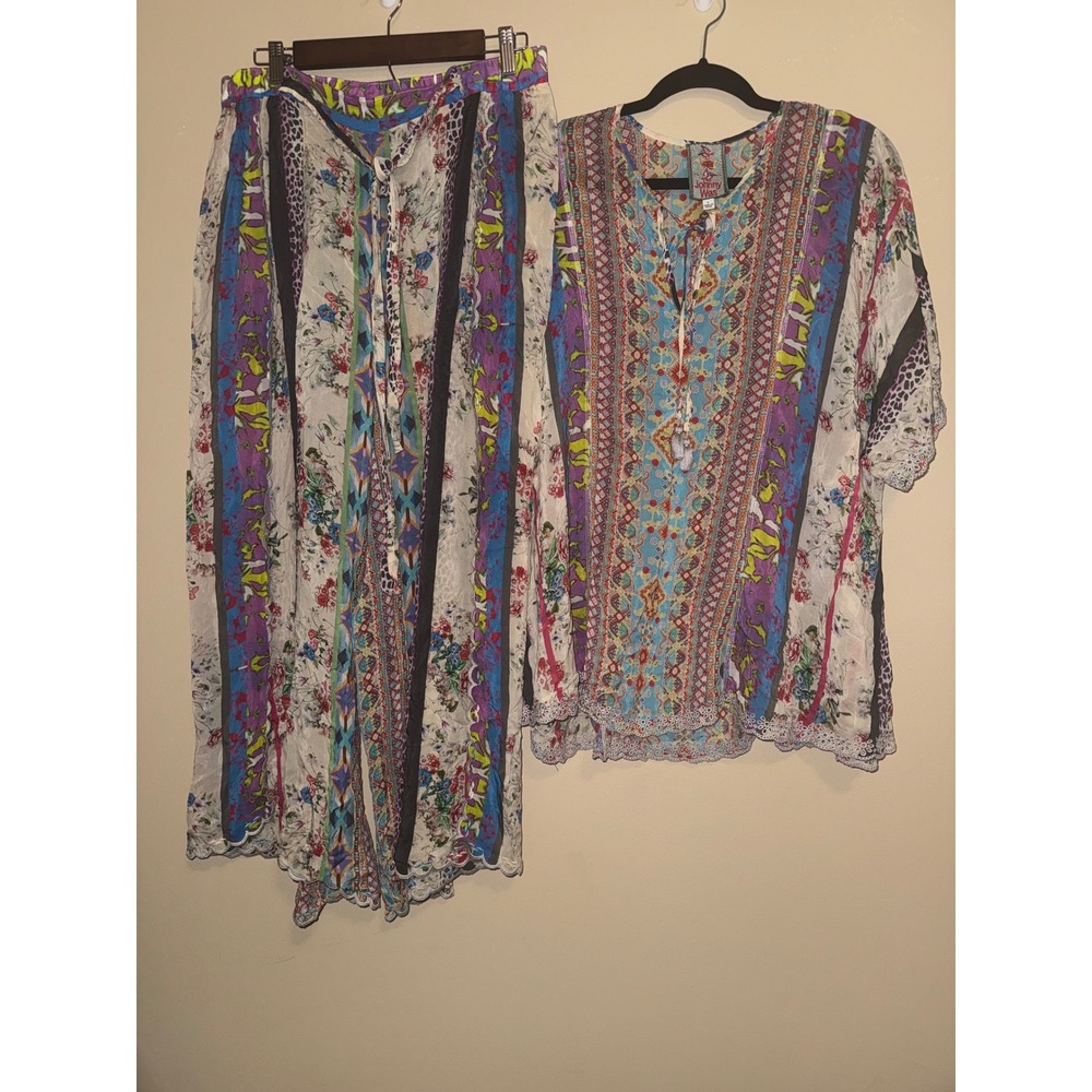 Johnny Was Womens Mixed Print Tunic and Wide Leg Pants Set Multicolor Size L